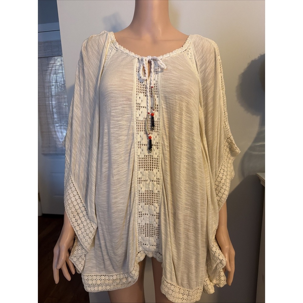Free People Boho Hippie Tunic Knit Crochet Inserts Metallic Beads Oversized